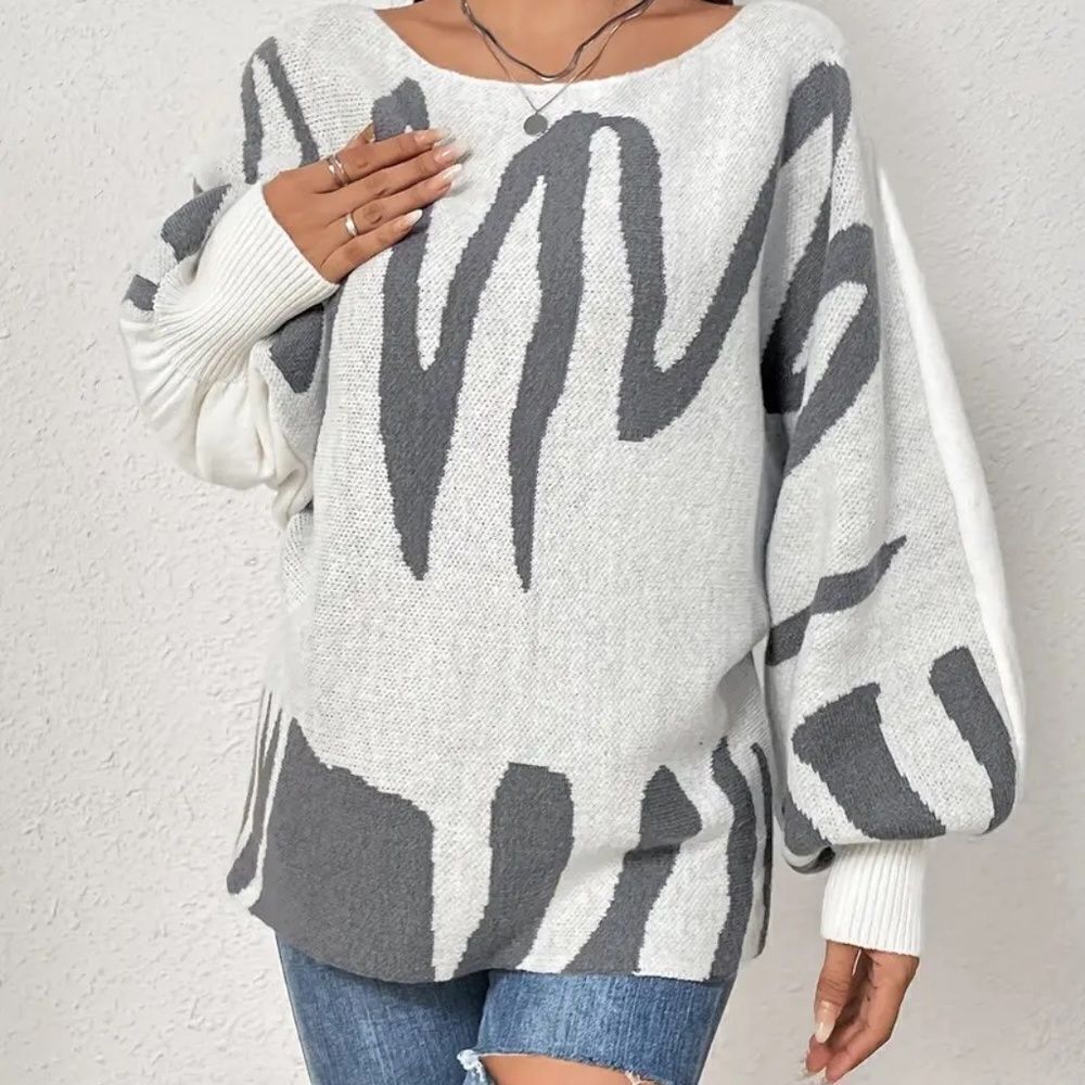 Boat Neck Pullover Sweater Graphic Pattern, Elega… - image 4